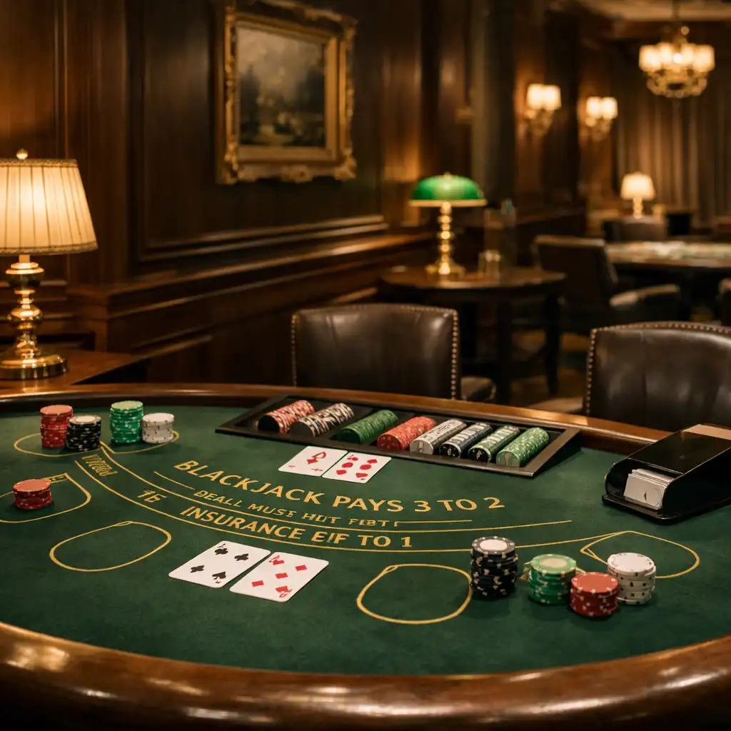 Elegáns fizikai kaszinóterem blackjack asztallal, zöld posztóval, sötét fa burkolattal és meleg sárgaréz lámpákkal